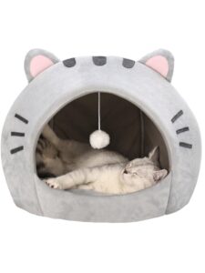 qwinee indoor cat bed cave with removable cushion - pet plush tent house cartoon ear design pet bed with pompom for cats kitten dogs puppy and rabbit grey s