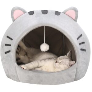 QWINEE Indoor Cat Bed Cave with Removable Cushion - Pet Plush Tent House Cartoon Ear Design Pet Bed with Pompom for Cats Kitten Dogs Puppy and Rabbit Grey S