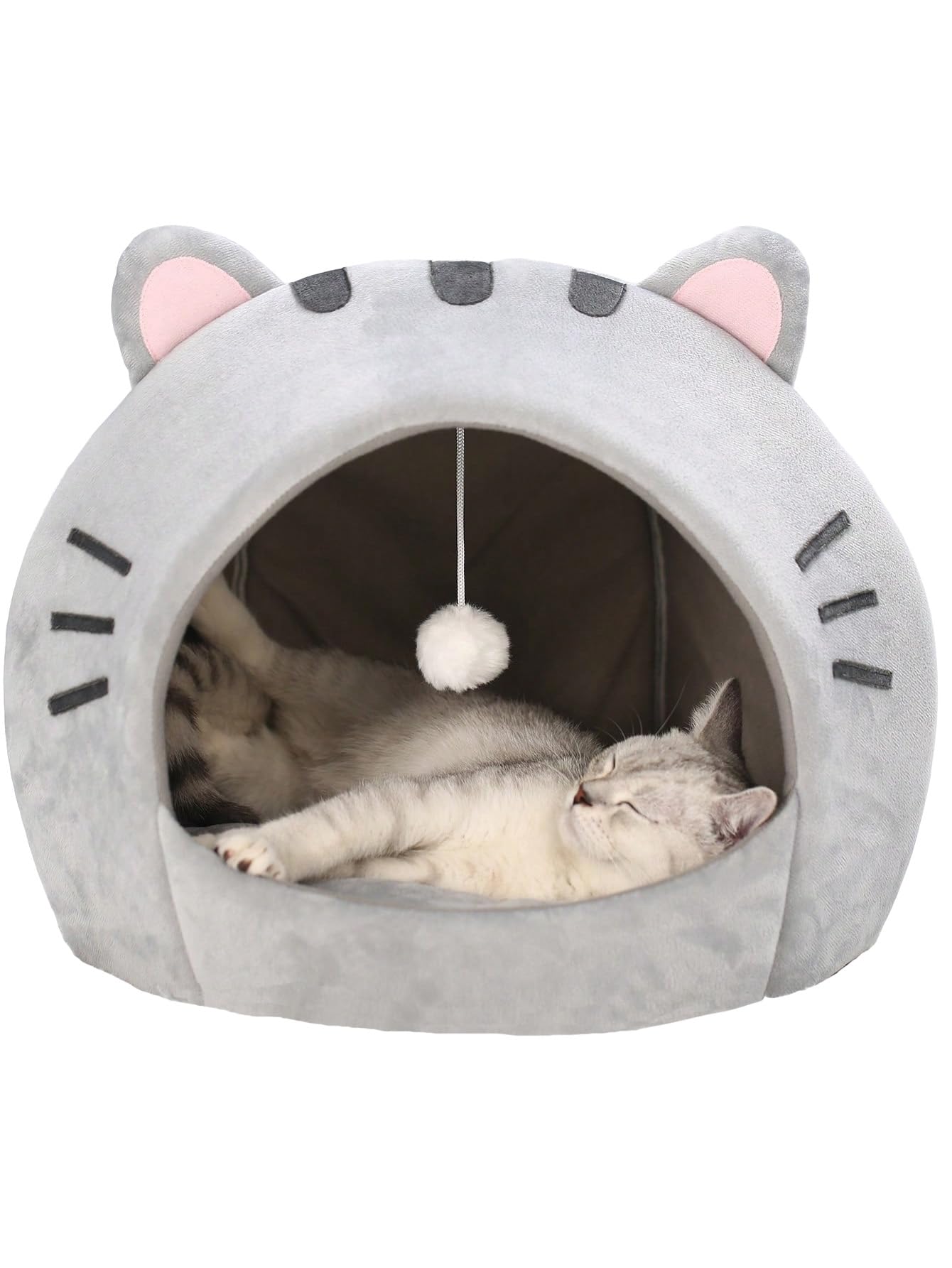 QWINEE Indoor Cat Bed Cave with Removable Cushion - Pet Plush Tent House Cartoon Ear Design Pet Bed with Pompom for Cats Kitten Dogs Puppy and Rabbit Grey S