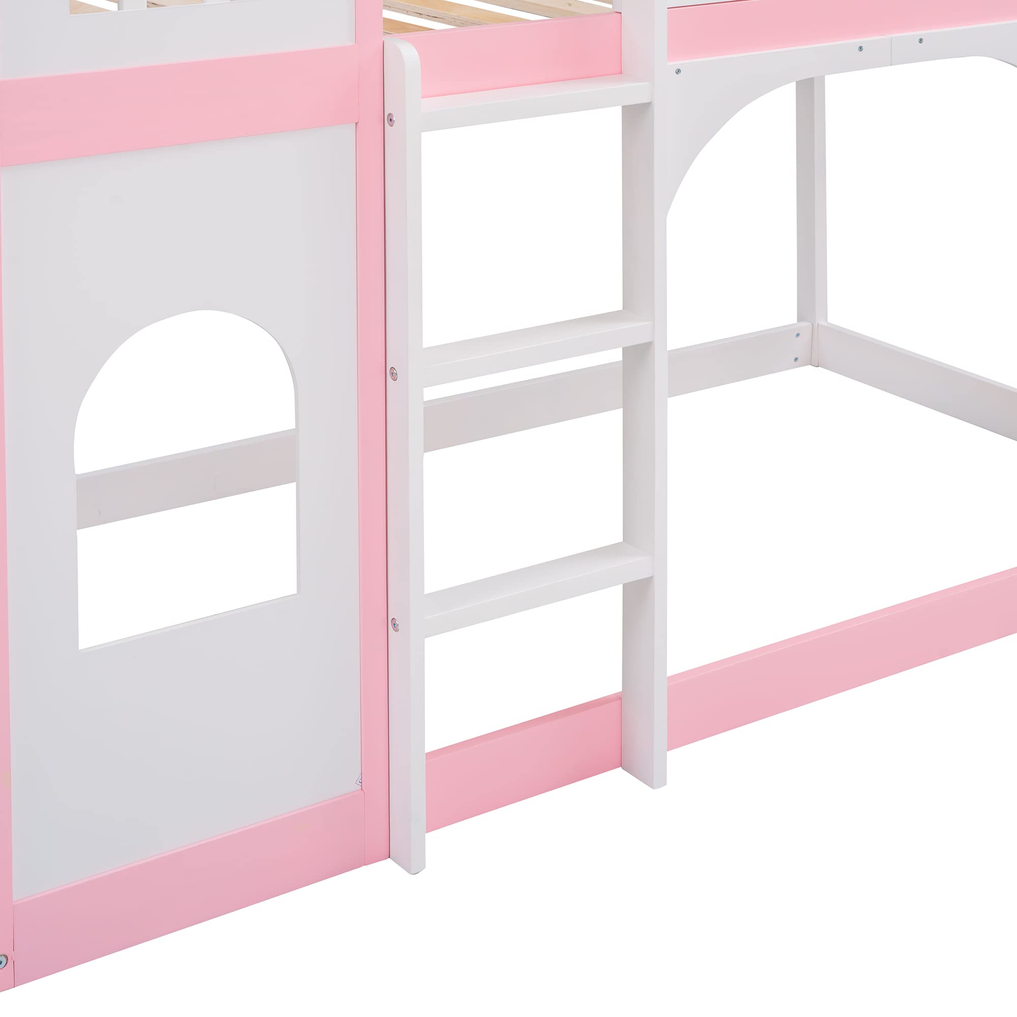 RORIGAT Twin Over Twin Castle Bed Kids Bunk Bed with Ladder and Guardrails, Wooden Versatile Floor Bedframe for Kids Teens Bedroom, Pink