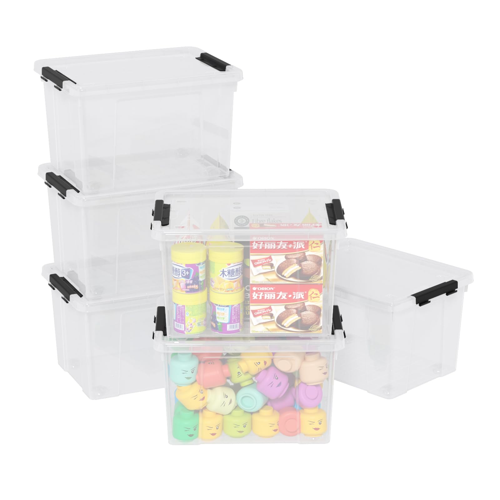 DynkoNA 22 Quart Plastic Latching Storage Box with Wheels, 6-pack Clear Lidded Storage Bins