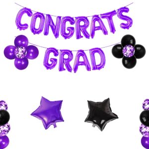 Purple Themed 2024 Graduation Decorations, Purple Congrats Grad Banner with Black Purple Latex and Fiol Star Balloons for Purple Congrats Grad Graduation Class of 2024 Party Decorations