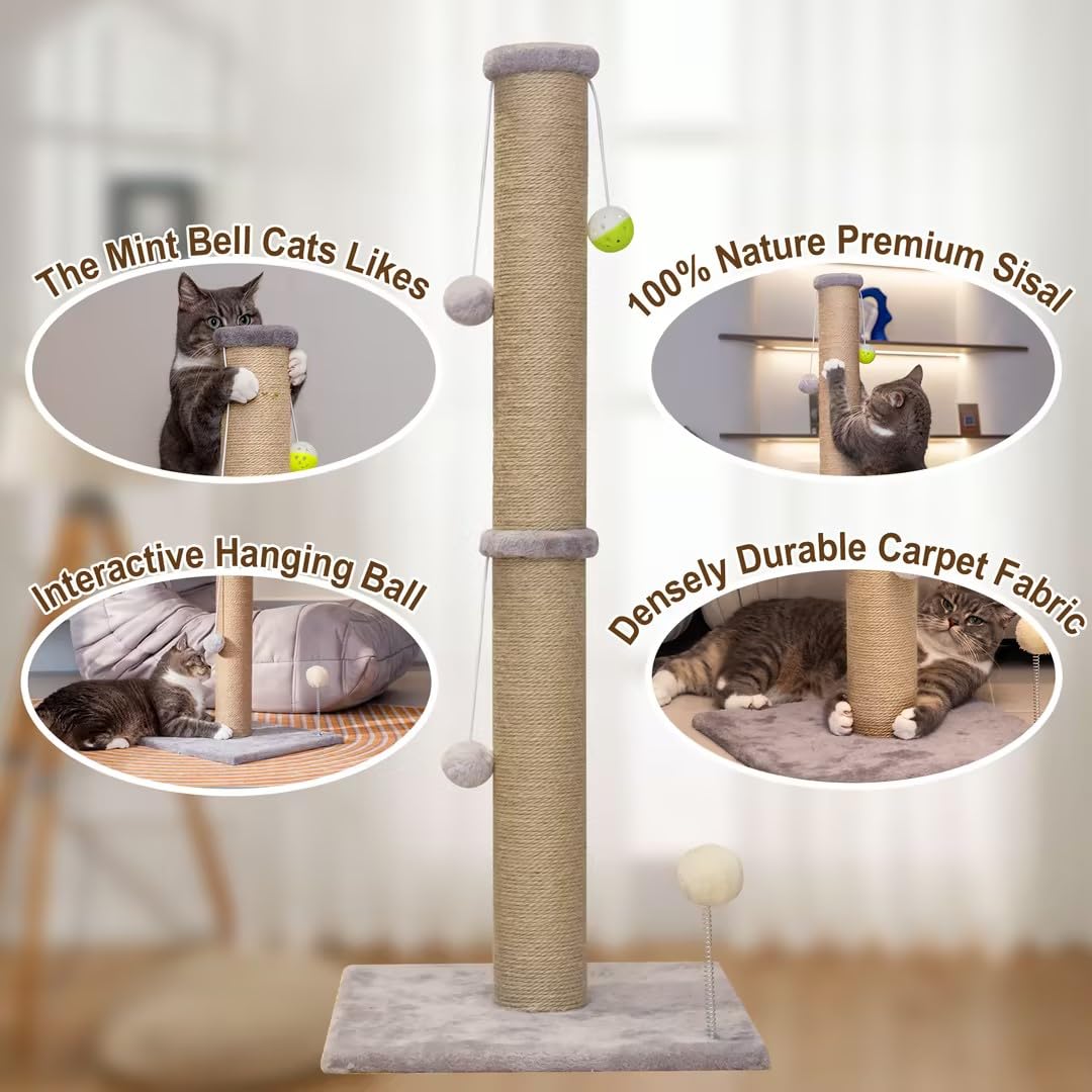 Tall Cat Scratching Post 36 inch Large Cat Scratch Post for Indoor Cats with Durable Natural Sisal Rope Scratcher Post Tree Kitten Interactive Toy-Gray