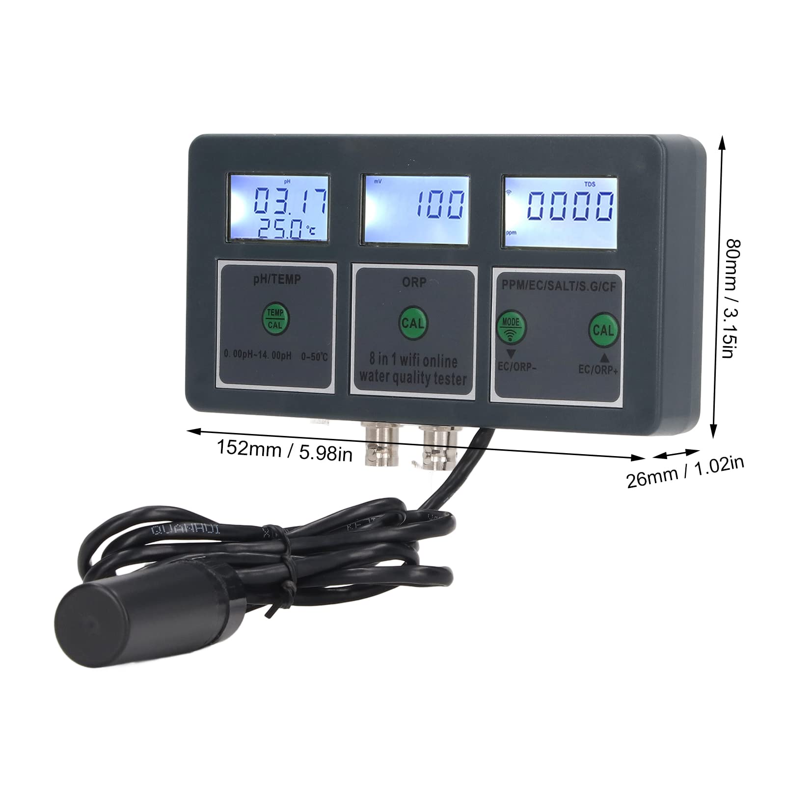 8 in 1 Water Quality Tester, S.G EC Salt ORP CF Temp, Online Monitor for Aquariums, Hydroponics, Labs (US Plug 110V)