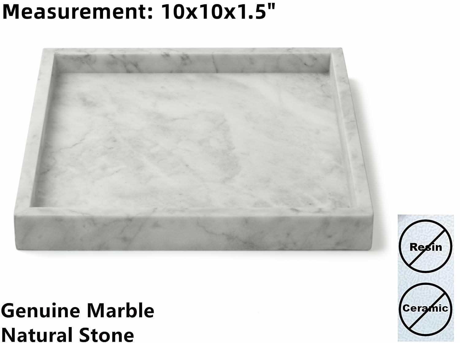 Moreast Real Marble Tray for Bathroom Kitchen, Genuine Natural Stone Decorative Tray on Vanity Dresser Nightstand Desk, 10 x 10 (Grey)