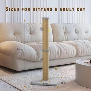 Tall Cat Scratching Post 36 inch Large Cat Scratch Post for Indoor Cats with Durable Natural Sisal Rope Scratcher Post Tree Kitten Interactive Toy-Gray