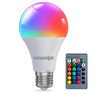 yknawoir color changing light bulb with remote,5w rgb light bulbs a19 warm white 2700k,e26 screw base,memory,16 color choices multicolor dimmable led light bulb for party bedroom home