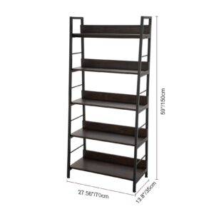 Homdox 5 Tier Ladder Shelf, Industrial Bookshelf Wood and Metal Bookcase, Plant Flower Stand Rack Book Rack Storage Shelves for Home Decor, Walnut