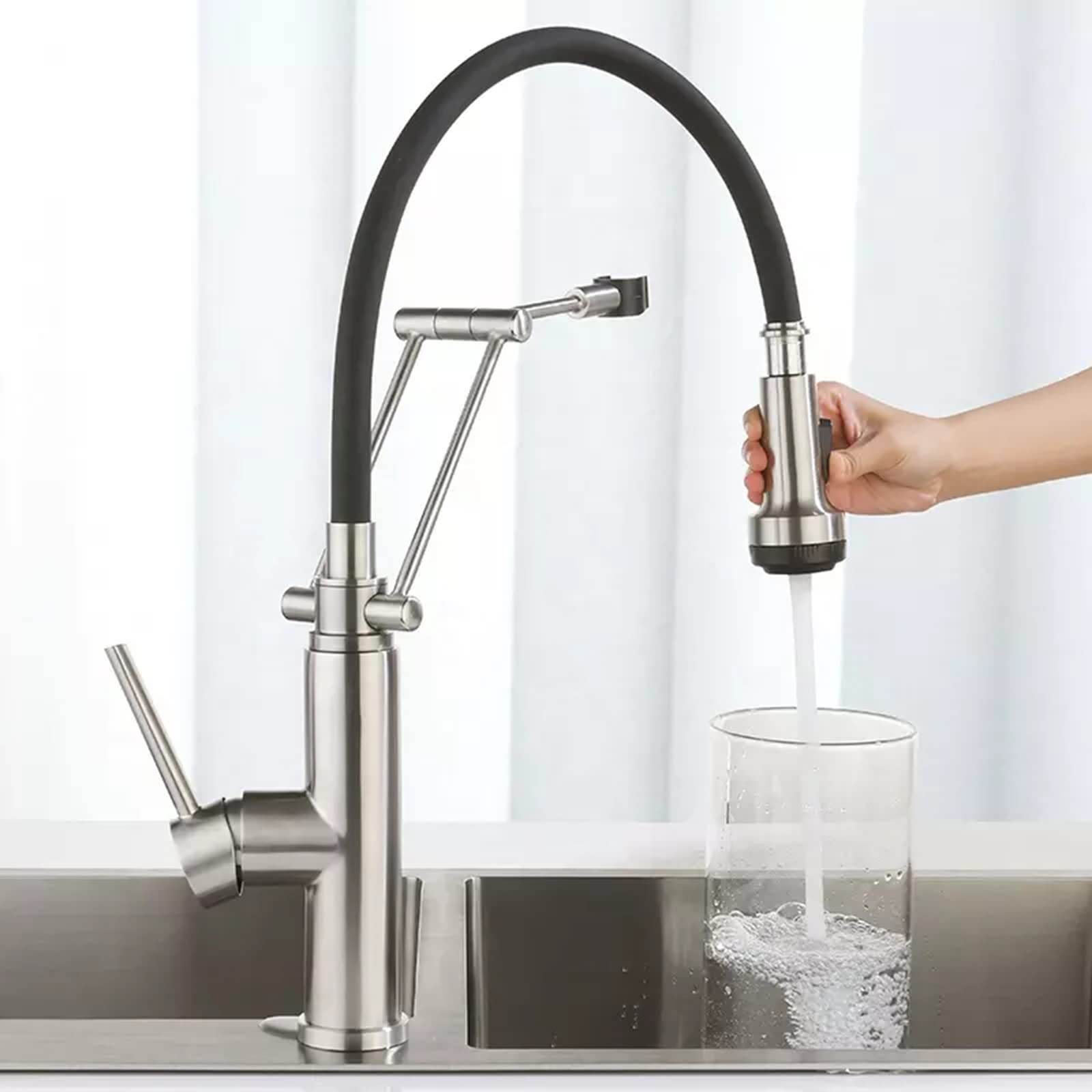 Folding Kitchen Faucet Pull Down Flexible Hose Kitchen Sink Faucet with 4 Function Sprayer 360° Rotation Stainless Steel Single Lever Kitchen Mixer Tap for Hot and Cold Water,Black (Color : Black)