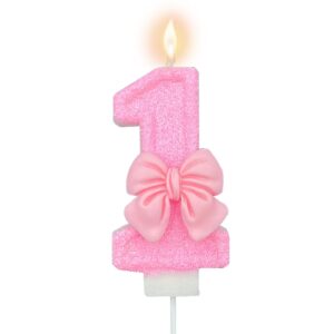 pink number 1 candle for girl birthday party decorations, girl 1st birthday party decorations supplies, 3d bow designed pink number candles for birthday cake topper decorations (pink 1 candle)