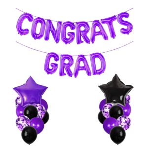 purple themed 2024 graduation decorations, purple congrats grad banner with black purple latex and fiol star balloons for purple congrats grad graduation class of 2024 party decorations