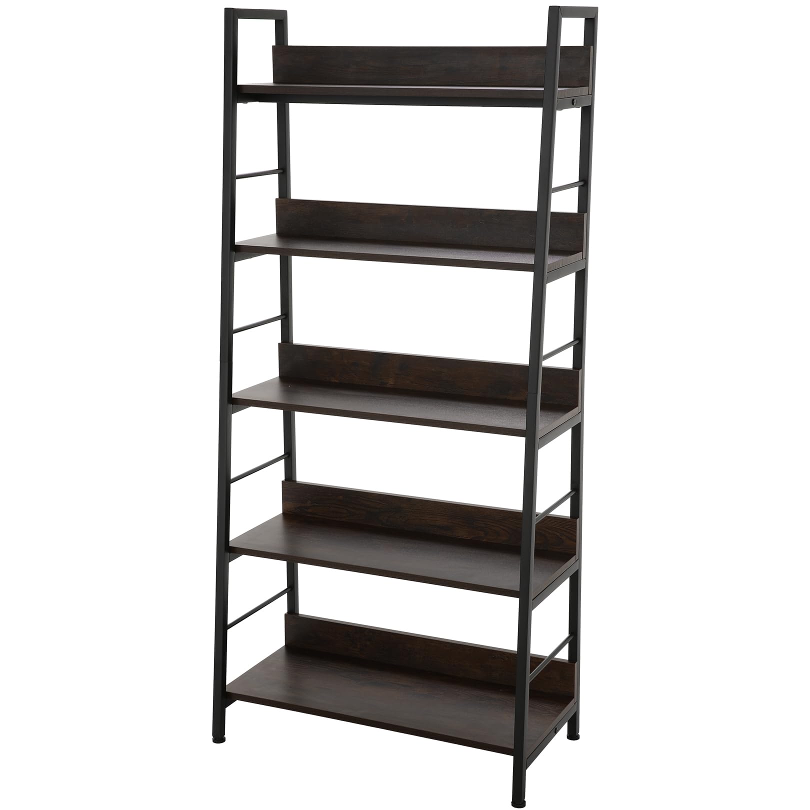 Homdox 5 Tier Ladder Shelf, Industrial Bookshelf Wood and Metal Bookcase, Plant Flower Stand Rack Book Rack Storage Shelves for Home Decor, Walnut