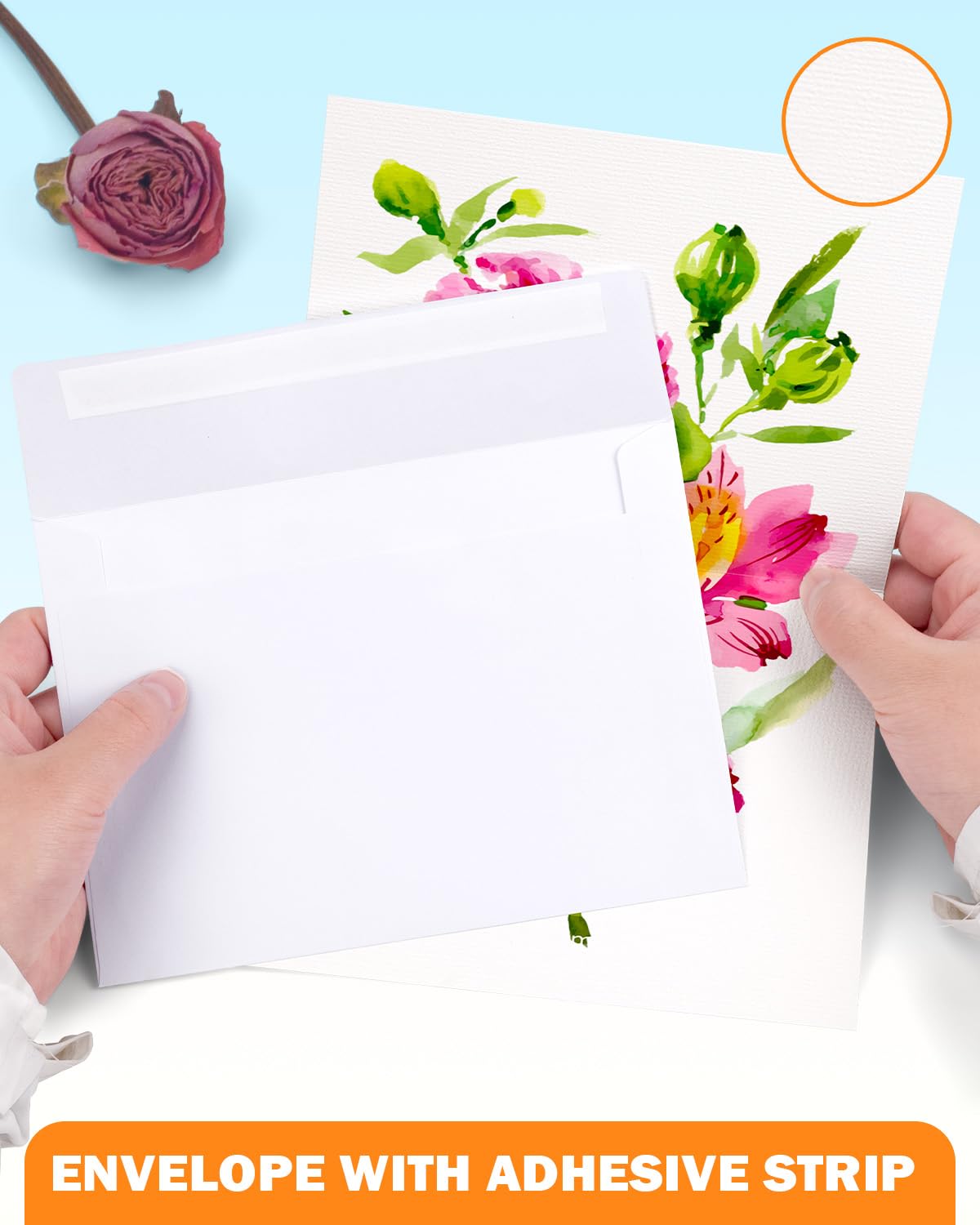 Watercolor Cards and Envelopes Set - 50 Folded 5x7 Inch Blank Heavyweight Paper Cards (140lb/300gsm) with Matching Envelopes for DIY Greeting Cards, Festivals, and Events