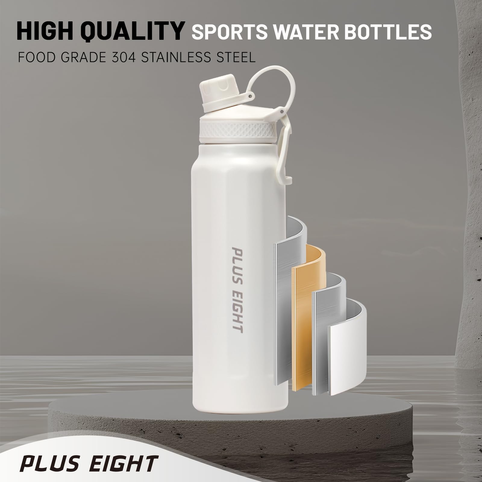 pluseight Sports Water Bottle, Insulated Water Bottle With Straw, Stainless Steel Water Bottle Wide Mouth for Sports, Gym or Office, BPA-Free Keep Cold 24H Hot 12H (White, 32 oz)