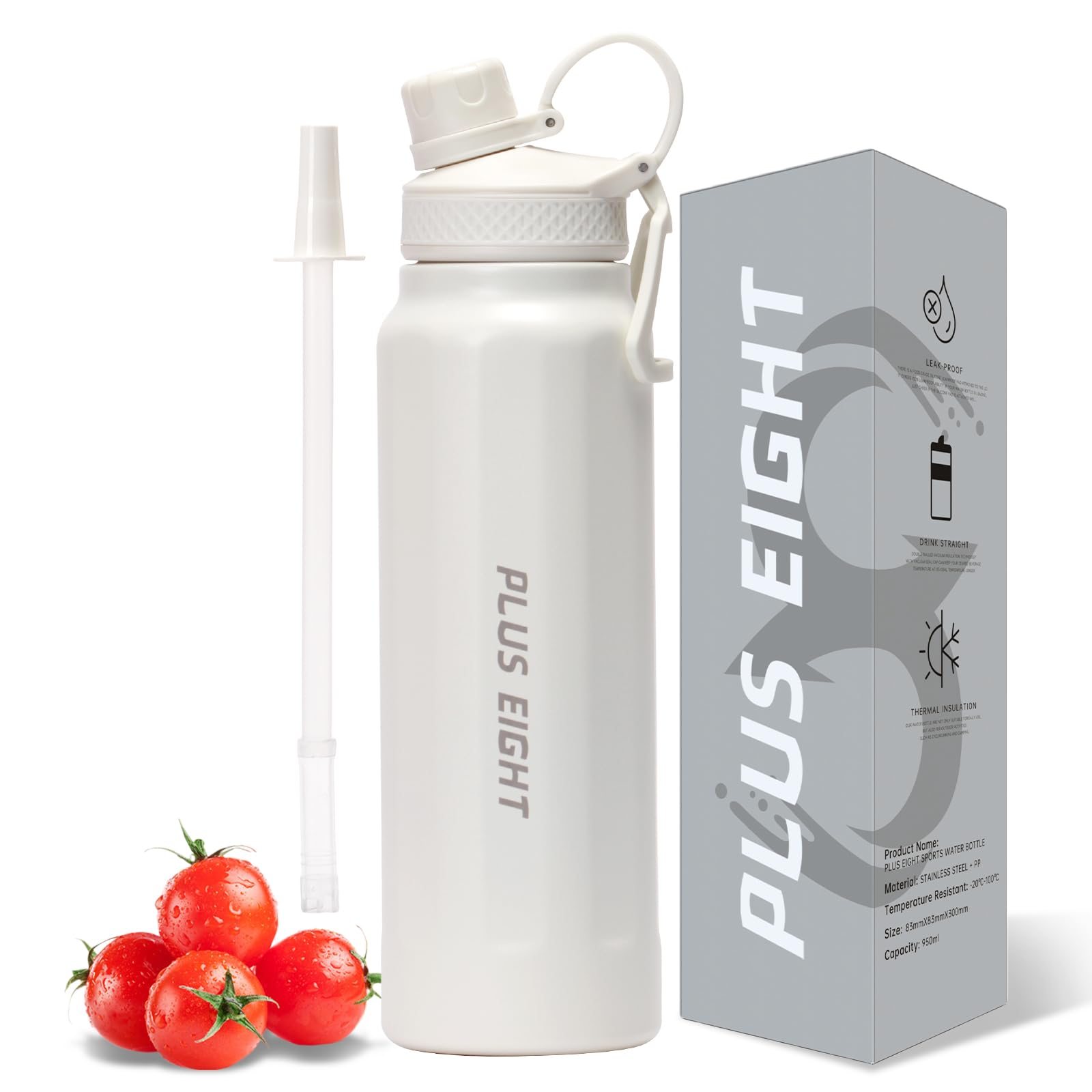 pluseight Sports Water Bottle, Insulated Water Bottle With Straw, Stainless Steel Water Bottle Wide Mouth for Sports, Gym or Office, BPA-Free Keep Cold 24H Hot 12H (White, 32 oz)