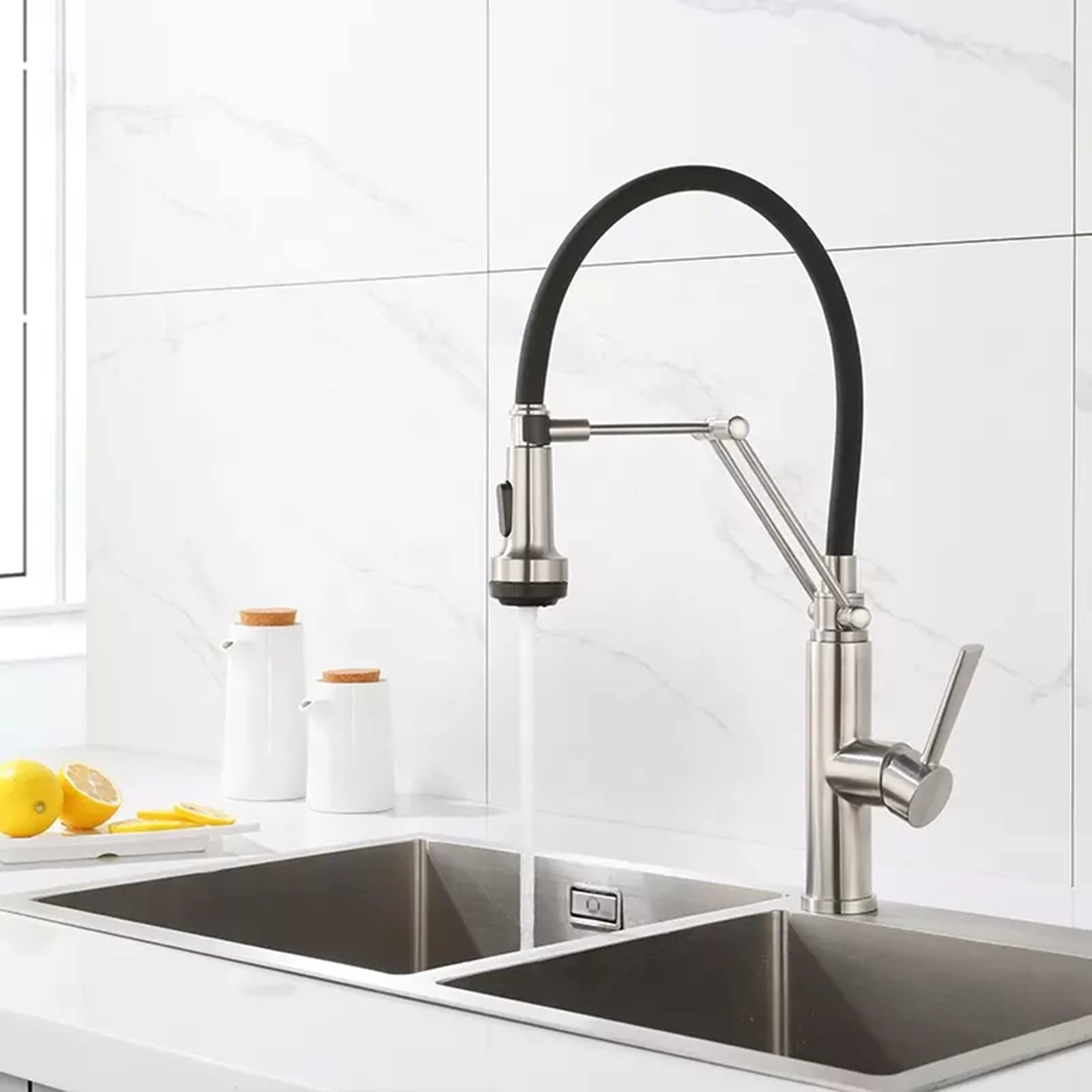 Folding Kitchen Faucet Pull Down Flexible Hose Kitchen Sink Faucet with 4 Function Sprayer 360° Rotation Stainless Steel Single Lever Kitchen Mixer Tap for Hot and Cold Water,Black (Color : Black)