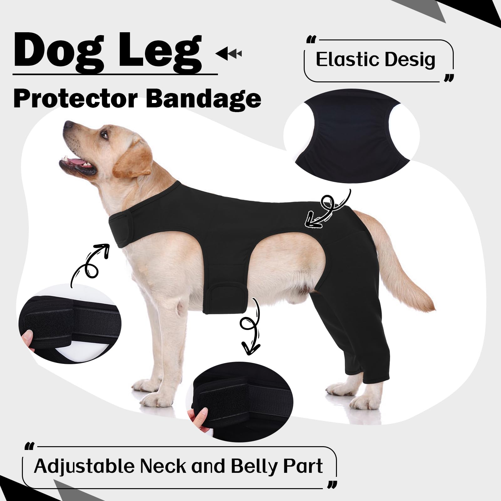 ROZKITCH Dog Surgery Recovery Sleeve Rear Right Left Leg, Pet Prevent Licking Wound Elbow Brace Protector, Dog Recovery Suit Cone Collar Alternative for Sprain ACL CCL Arthritis Joint Care Black XL