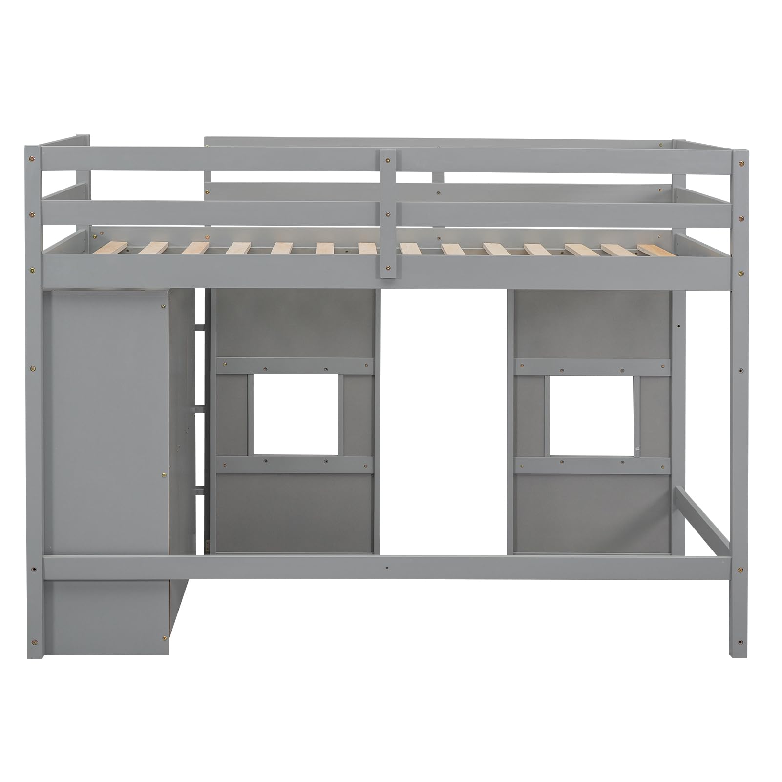 Merax Wood Loft Bed Twin Size with Storage Wardrobe, 2 Windows Design, for Teens, Boys & Girls, Grey