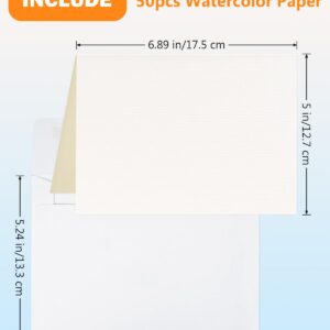 Watercolor Cards and Envelopes Set - 50 Folded 5x7 Inch Blank Heavyweight Paper Cards (140lb/300gsm) with Matching Envelopes for DIY Greeting Cards, Festivals, and Events