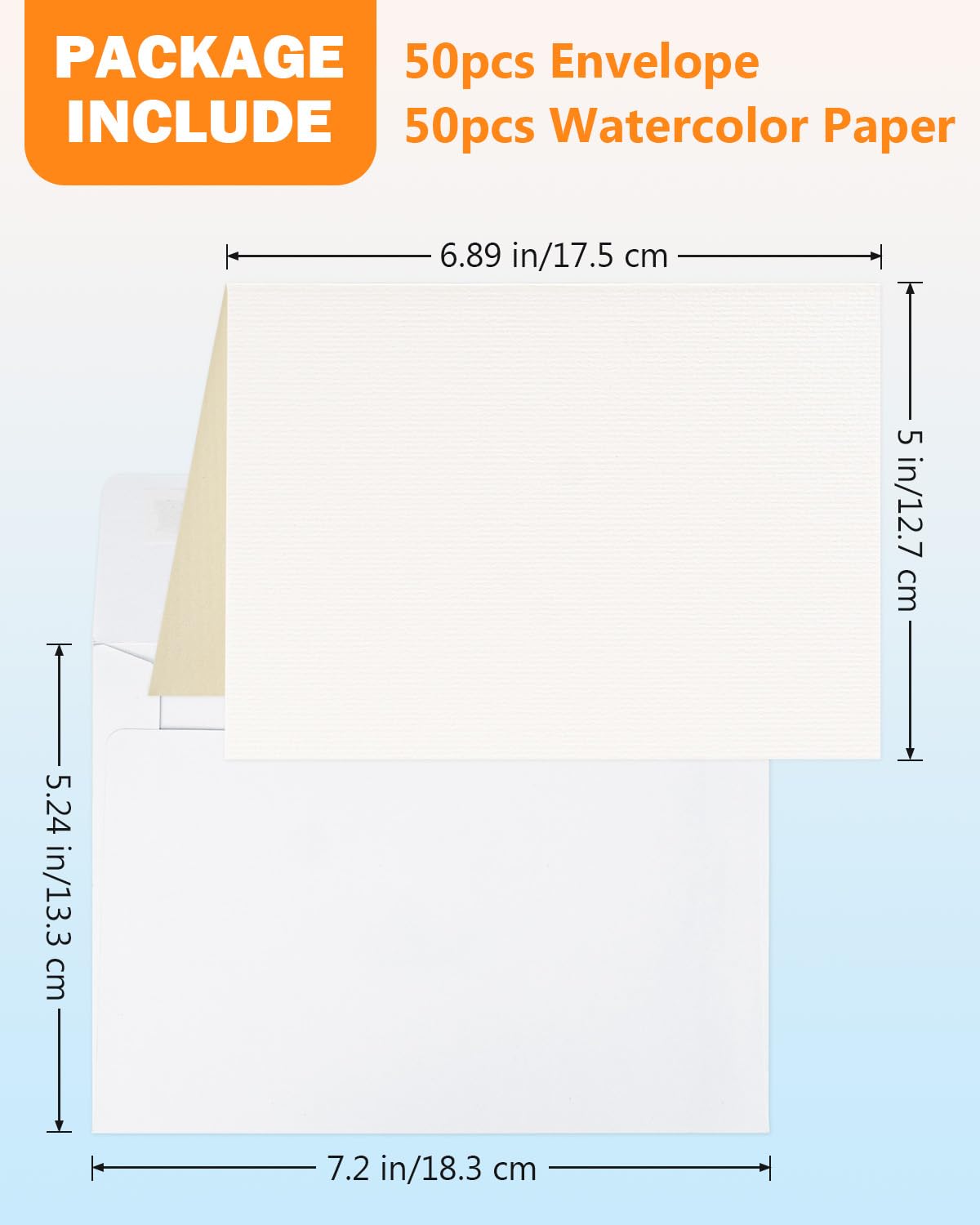 Watercolor Cards and Envelopes Set - 50 Folded 5x7 Inch Blank Heavyweight Paper Cards (140lb/300gsm) with Matching Envelopes for DIY Greeting Cards, Festivals, and Events