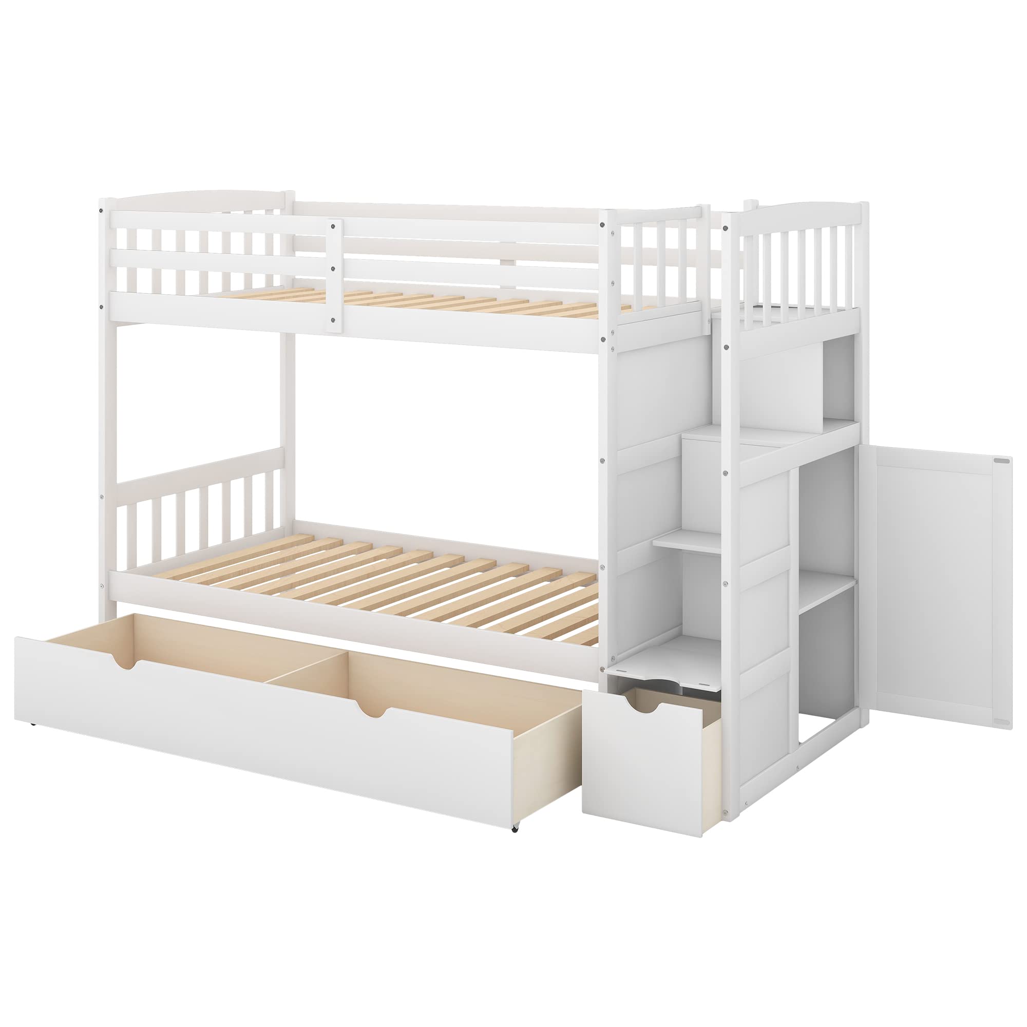 SOFTSEA Bunk Bed Twin Over Full with Drawers, Twin Over Twin Bunk Bed Frame with Storage Cabinet for Kids, No Box Spring Needed(White)