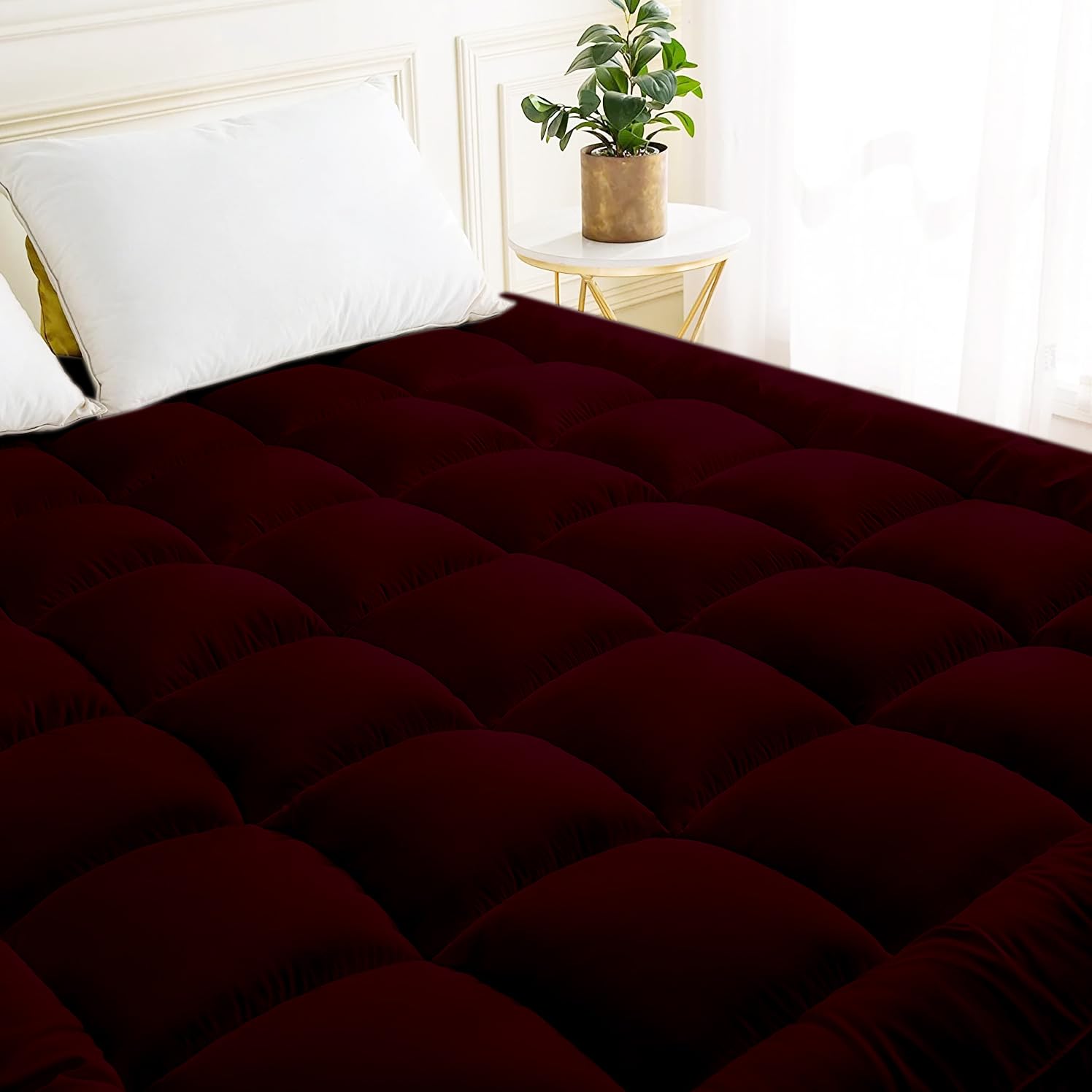 Full Size- 1 Piece 800 GSM Down Alternative 2 Inch Thick Upto 15" Deep Pocket Fluffy Mattress-Topper Protector for Extra Soft Comfortable Sleep for All Season- Full(54X75 Inche), Burgundy