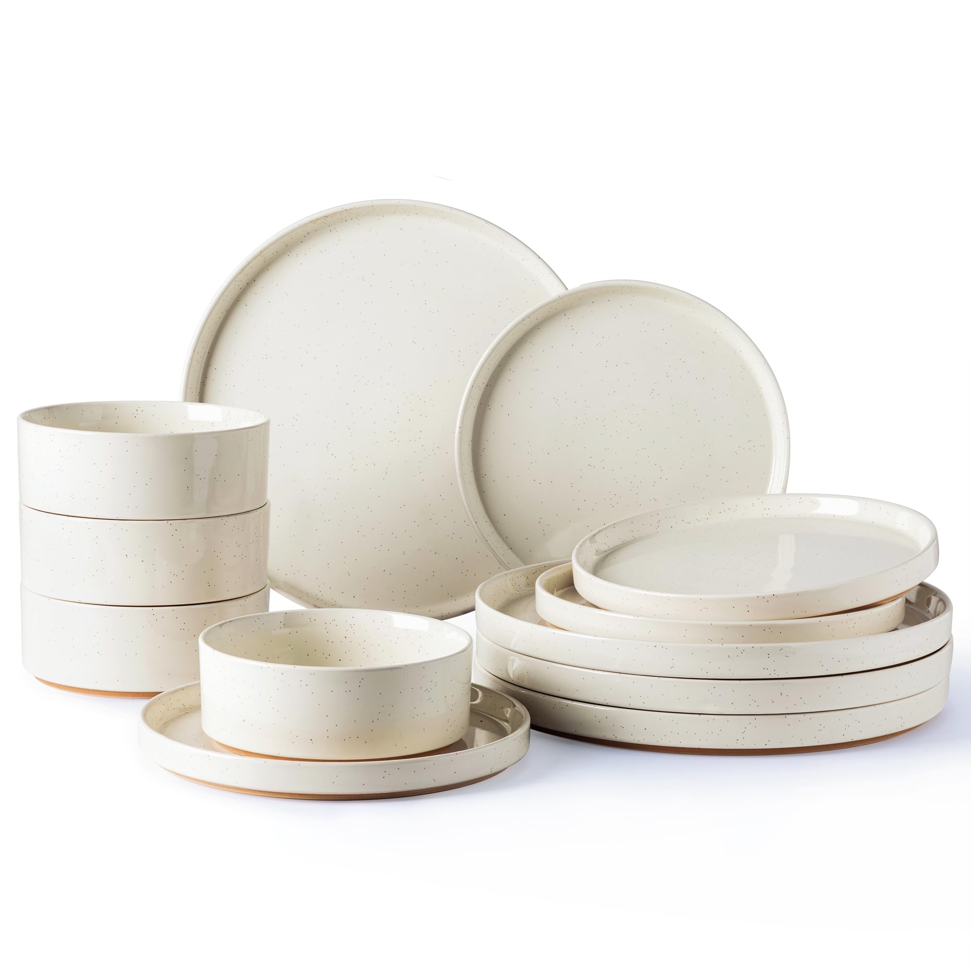 AmorArc Ceramic Dinnerware Set for 4 | Speckled Stoneware Plates and Bowls with unglazed terracotta | Scratch Resistant, Dishwasher & Microwave Safe Dishes Sets- 12-Pcs Beige