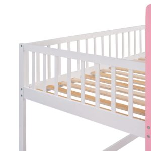 RORIGAT Twin Over Twin Castle Bed Kids Bunk Bed with Ladder and Guardrails, Wooden Versatile Floor Bedframe for Kids Teens Bedroom, Pink