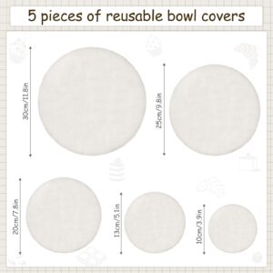 5 Pcs Reusable Bowl Covers 5 Sizes Large Cloth Fabric Bowl Covers Stretch Elastic Food Storage Container Reusable Lids for Bread Proofing Fruit Salads Bread Leftovers(White,No Pattern)