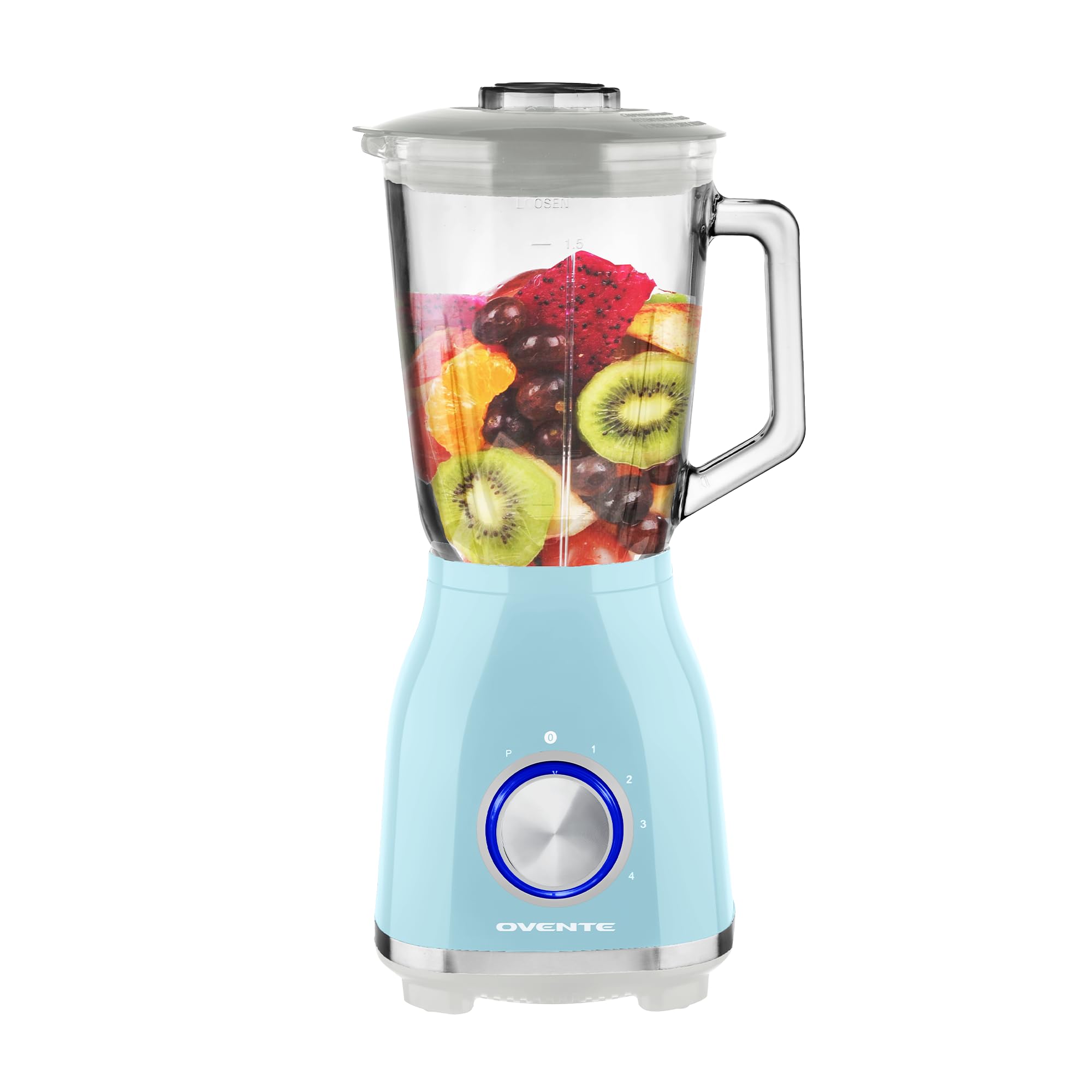 OVENTE Countertop Kitchen Blender with 550 Watts, Stainless Steel Blades, 4 Speed Settings, 50oz Glass Jar for Shakes, Smoothies, Purees, Crushed Ice, Frozen Drinks, Sauces, & More, Blue BLH2604LBL