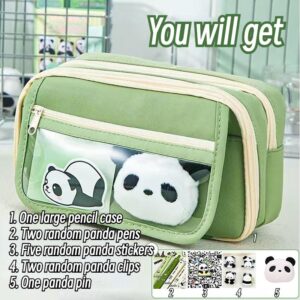 Ecqizer 10Pcs Cute Panda Pencil Case Large Capacity for Adults Aesthetic Pencil Case Kawaii Pencil Pouch Cute With Zipper Preppy Pen Bag With Gel Ink Pens, Clips, Stickers, Pin (Green)