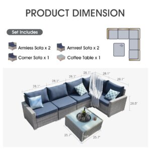 Temminkii Outdoor 6-Pieces Outdoor Warm Grey Wicker Sectional Sofas Patio Conversation Set W Blue Thickened Cushions,Coffee Table for Poolside,Backyard,Garden