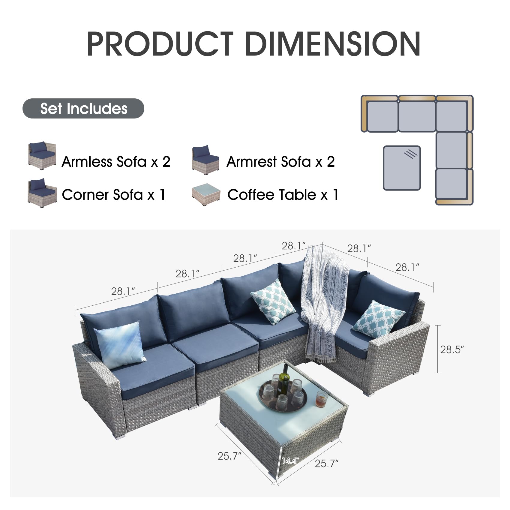 Temminkii Outdoor 6-Pieces Outdoor Warm Grey Wicker Sectional Sofas Patio Conversation Set W Blue Thickened Cushions,Coffee Table for Poolside,Backyard,Garden