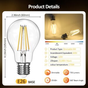 Dimmable A19 Clear LED Light Bulbs 60W Equivalent, 2700K Soft Warm White Light Bulbs 6W E26 Base, Antique Clear Glass Bulb for Living Room Bedroom Outdoor, 6Packs