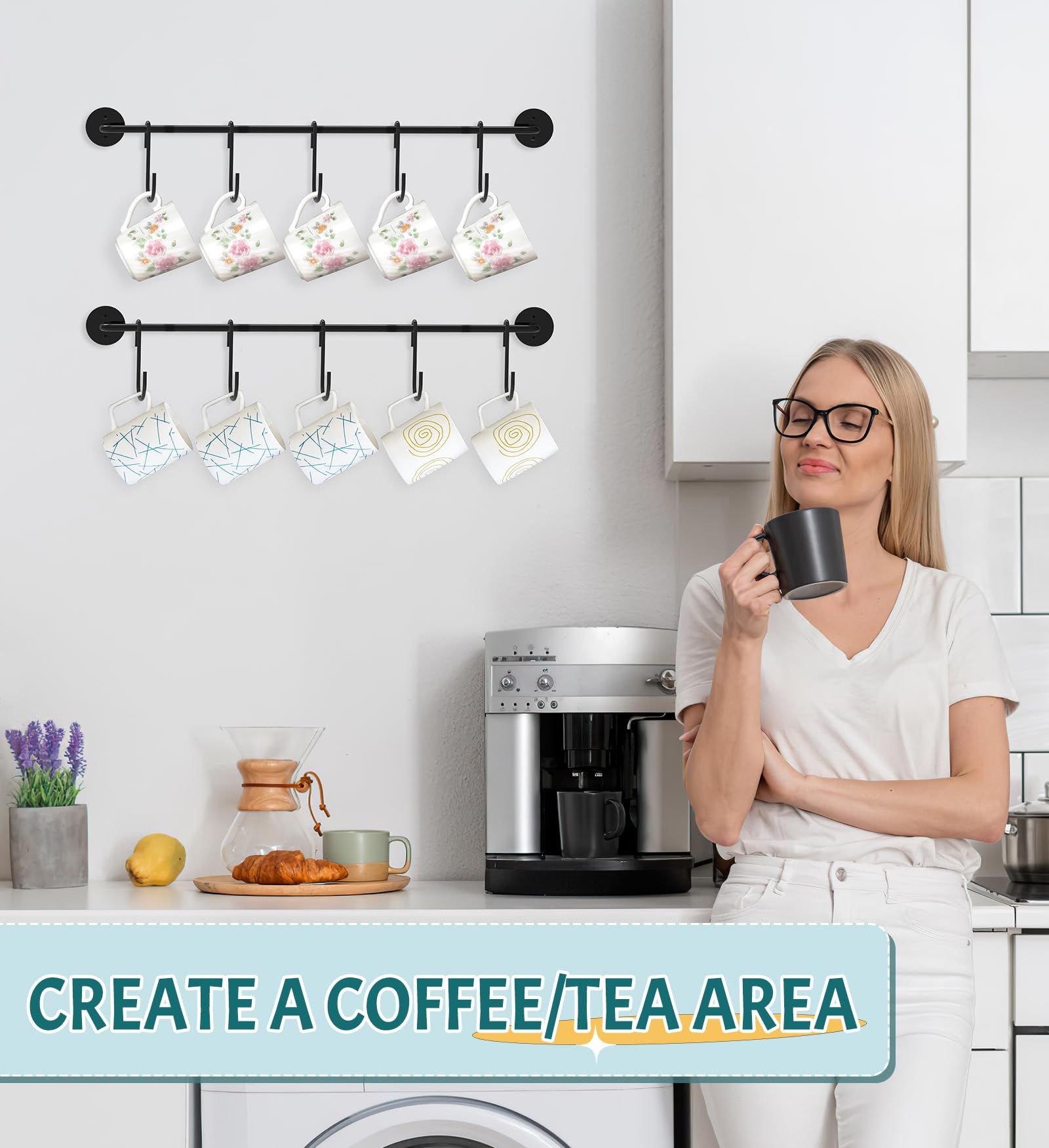 HOMEBROS Coffee Mug Rack, Black Metal Coffee Cup Holder Wall Mounted Hanging Coffee Mug Holder with 10 Mug Hooks Space Saving Kitchen Coffee Bar Mug Hanger Tea Cup Holder for Storage & Display - 2 Pcs