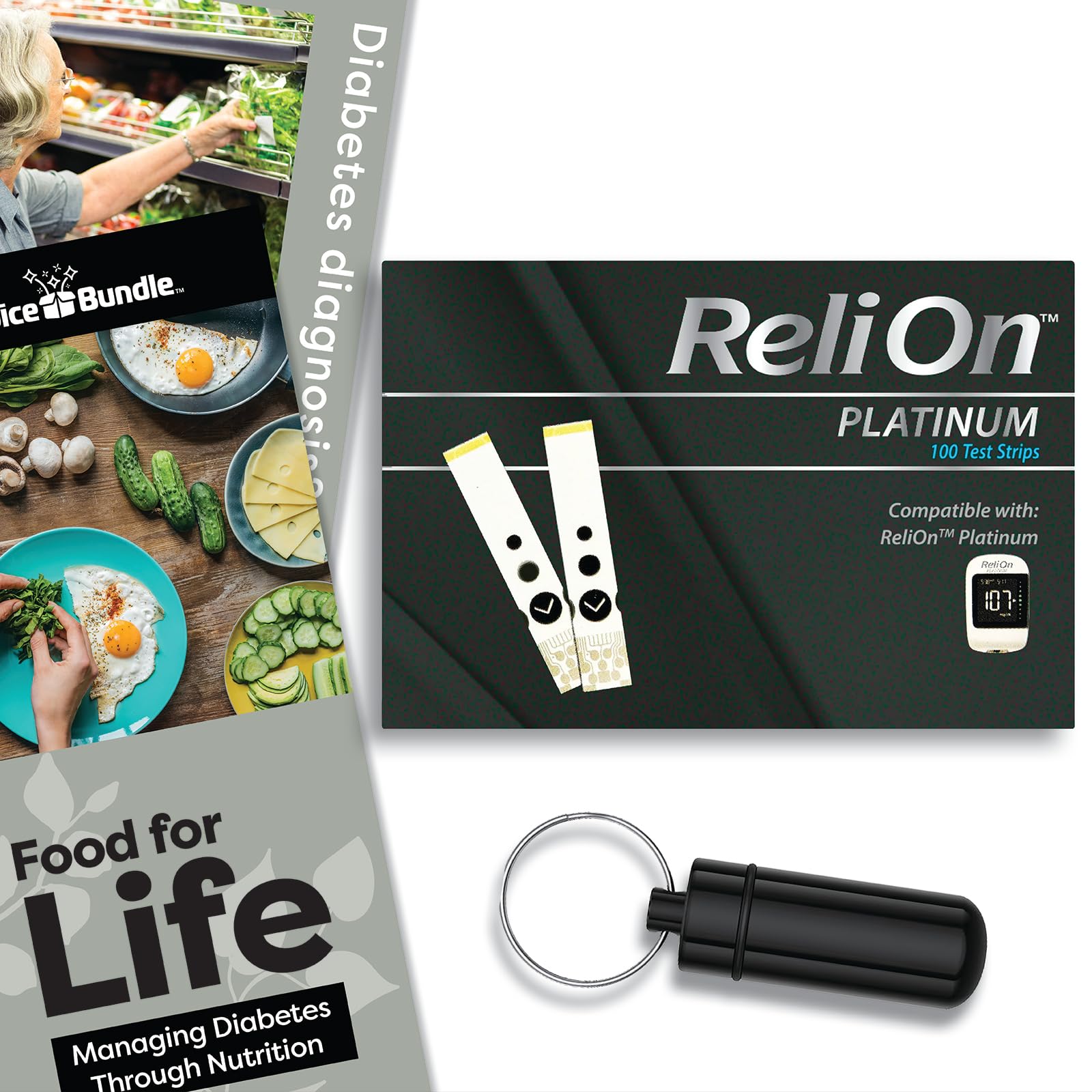 ReliOn Reli On Platinum Blood Glucose Test Strips 100 Ct Choice Bundle | Includes Food for Life Guide & Portable Pill Container (3 Items)!