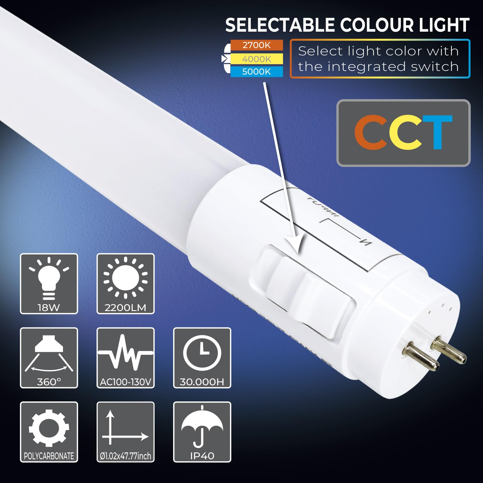 LED ATOMANT 4 Pack 3CCT 4FT LED T8 Type B Light Tube 18W 2200 Lumens, 2700K/4000K/5000K Selectable, Ballast Bypass, Double Ended Connection, Frosted Cover