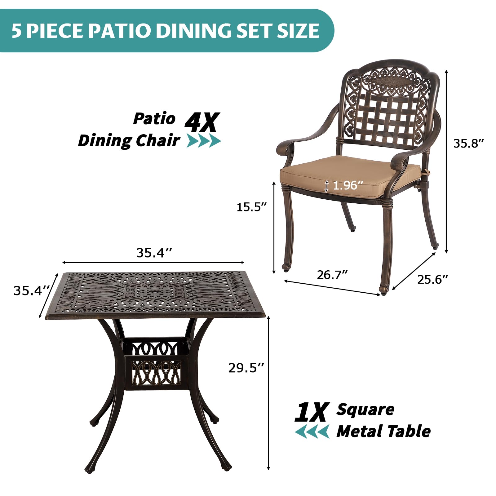 FKLUG 5 Piece Outdoor Patio Dining Set Cast Aluminum Patio Furniture Set Conversation Set for Backyard Garden Deck Poolside(1 Square Table and 4 Lattice Chairs W/Khaki Cushion)