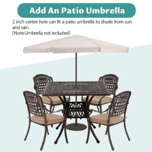 FKLUG 5 Piece Outdoor Patio Dining Set Cast Aluminum Patio Furniture Set Conversation Set for Backyard Garden Deck Poolside(1 Square Table and 4 Lattice Chairs W/Khaki Cushion)