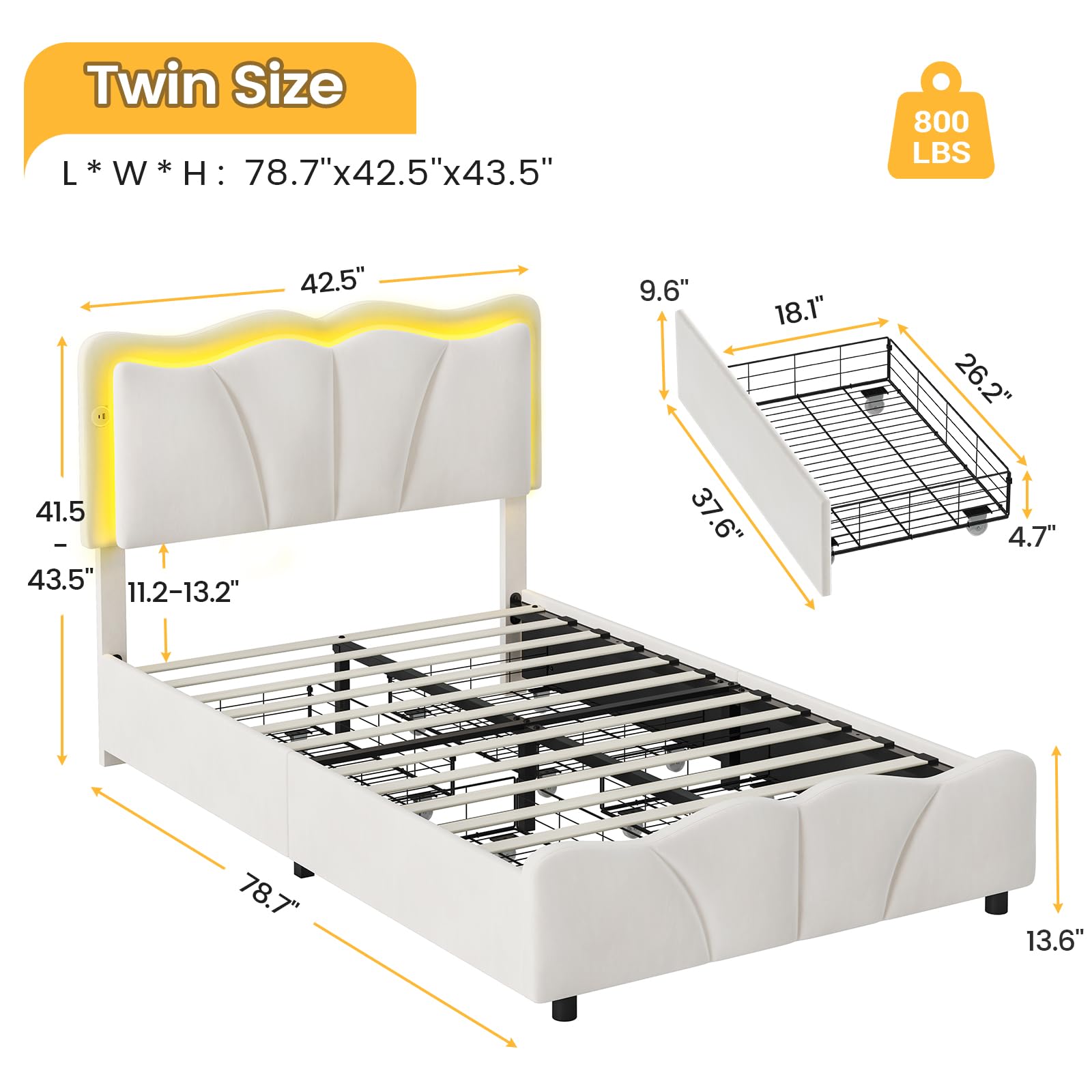 FORABAMB Twin Bed Frame with 4 Drawers, Upholstered LED Bed Frame with Adjustable Flowers Headboard, Platform Bed Frame Twin Size with Wooden Slats Support, No Box Spring Needed, Beige