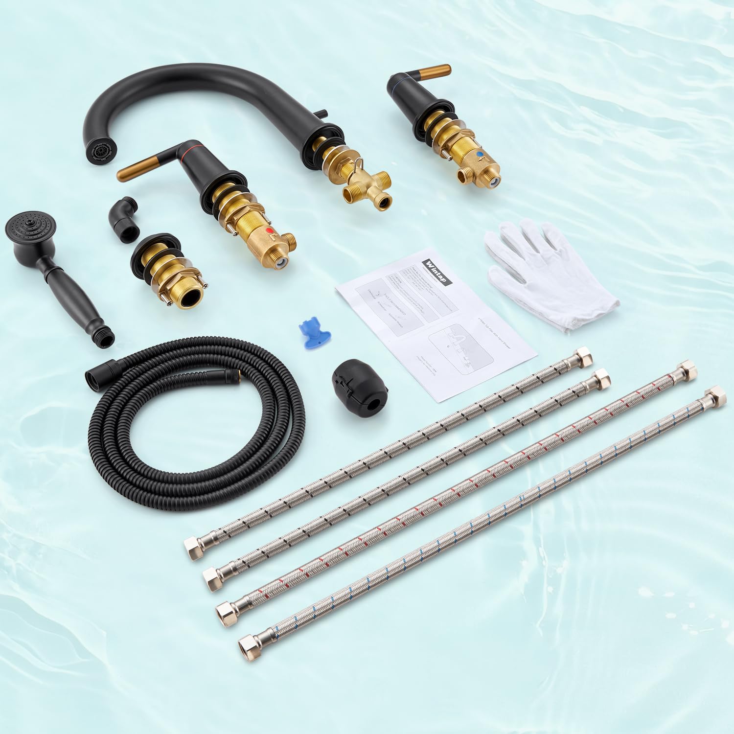 Wintap Black & Rose Gold Roman Bathtub Faucet Set with Hand Shower & Brass Valve Widespread Deck Mount 4 Hole High Flow Tub Faucets