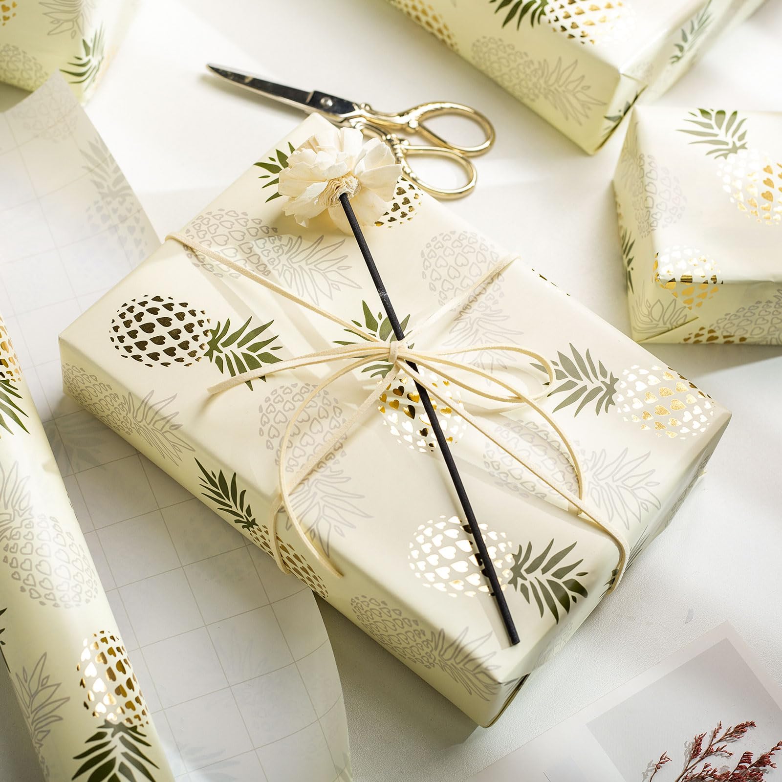 Garbendy Pineapple Wrapping Paper Roll - Gold Foil Design with Cut Lines for Birthdays, Holidays, Weddings, Baby Showers - 17" x33ft