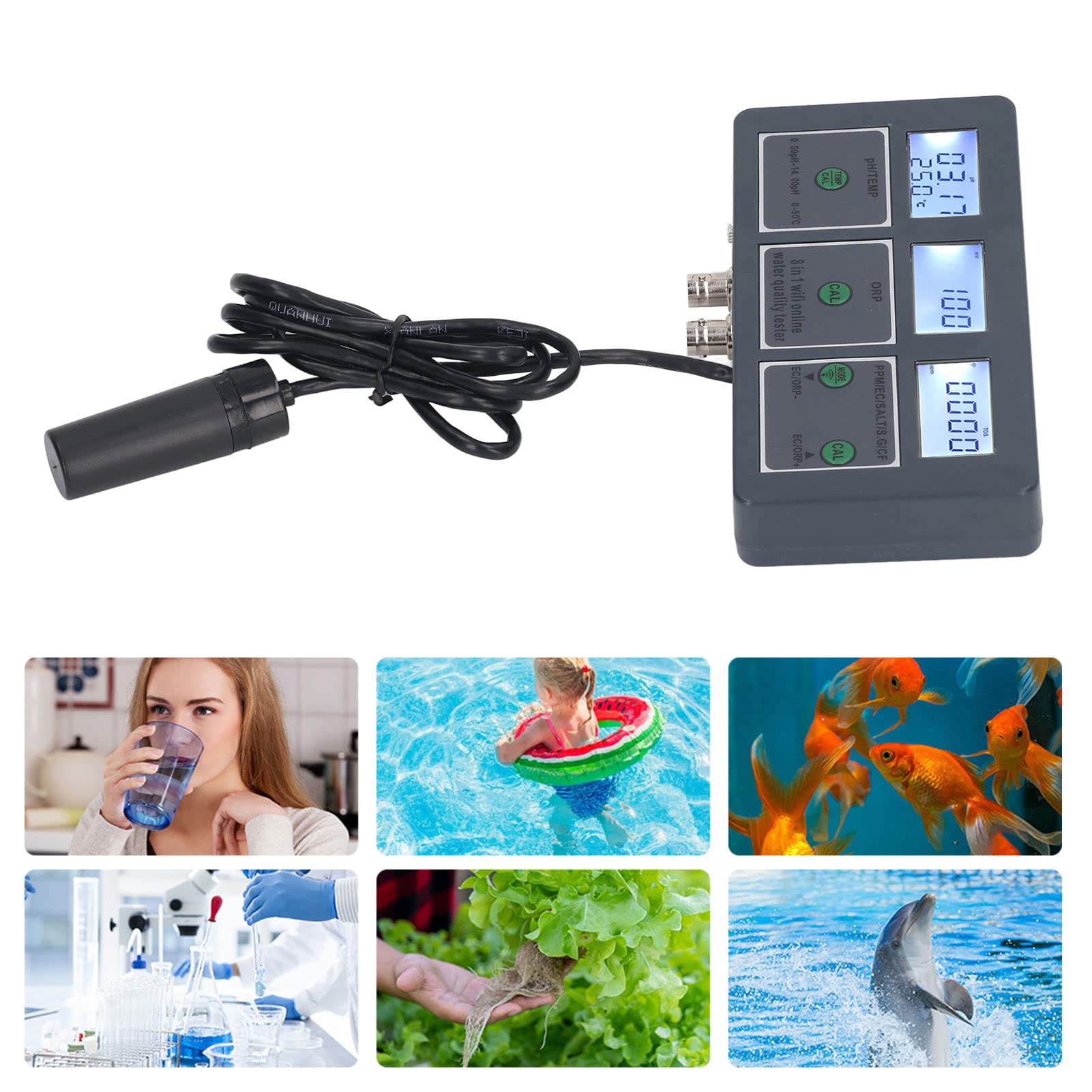 8 in 1 Water Quality Tester, S.G EC Salt ORP CF Temp, Online Monitor for Aquariums, Hydroponics, Labs (US Plug 110V)