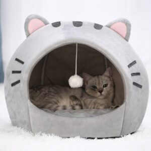 QWINEE Indoor Cat Bed Cave with Removable Cushion - Pet Plush Tent House Cartoon Ear Design Pet Bed with Pompom for Cats Kitten Dogs Puppy and Rabbit Grey S