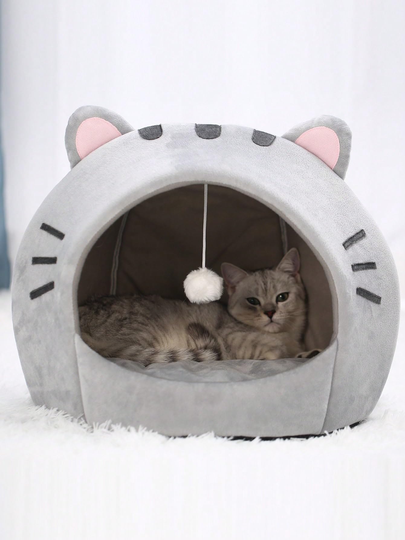 QWINEE Indoor Cat Bed Cave with Removable Cushion - Pet Plush Tent House Cartoon Ear Design Pet Bed with Pompom for Cats Kitten Dogs Puppy and Rabbit Grey S