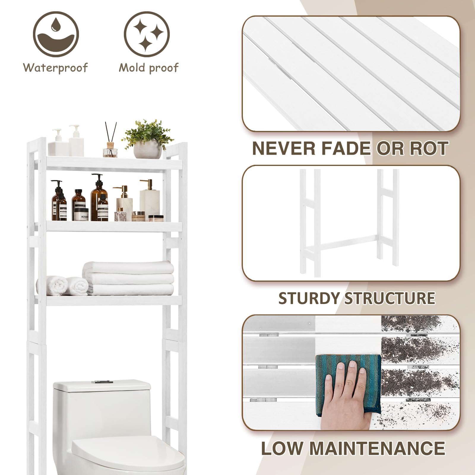 ACUEL Poly Lumber Over The Toilet Storage, 3-Tier Bathroom Over Toilet Organizer Rack, Water Resistant, Freestanding Toilet Adjustable Shelf, Fit Most Toilets, Easy Assembly (White)