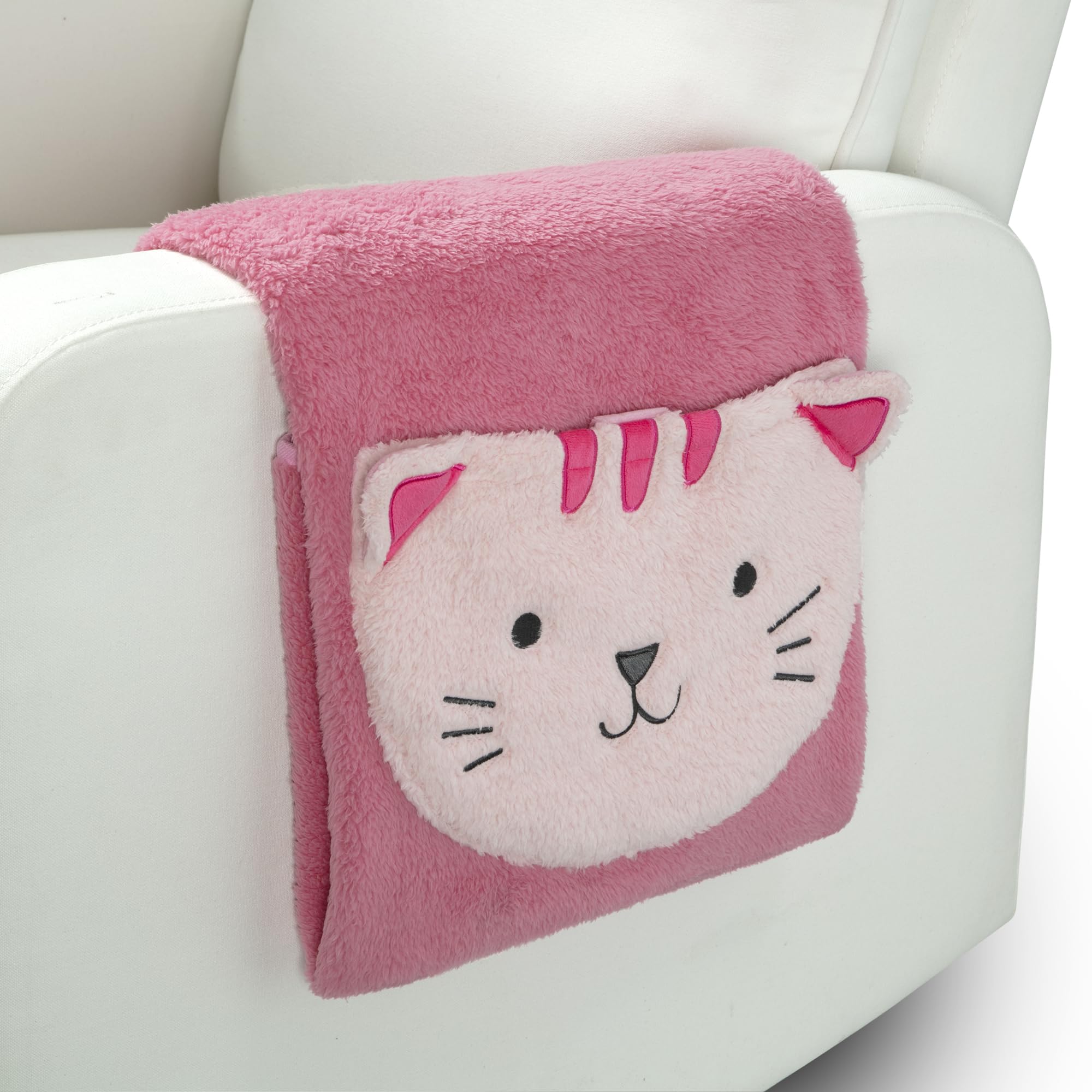 Delta Children Personalized Sherpa Throw Blanket with Storage Pocket for Kids, Magenta Cat