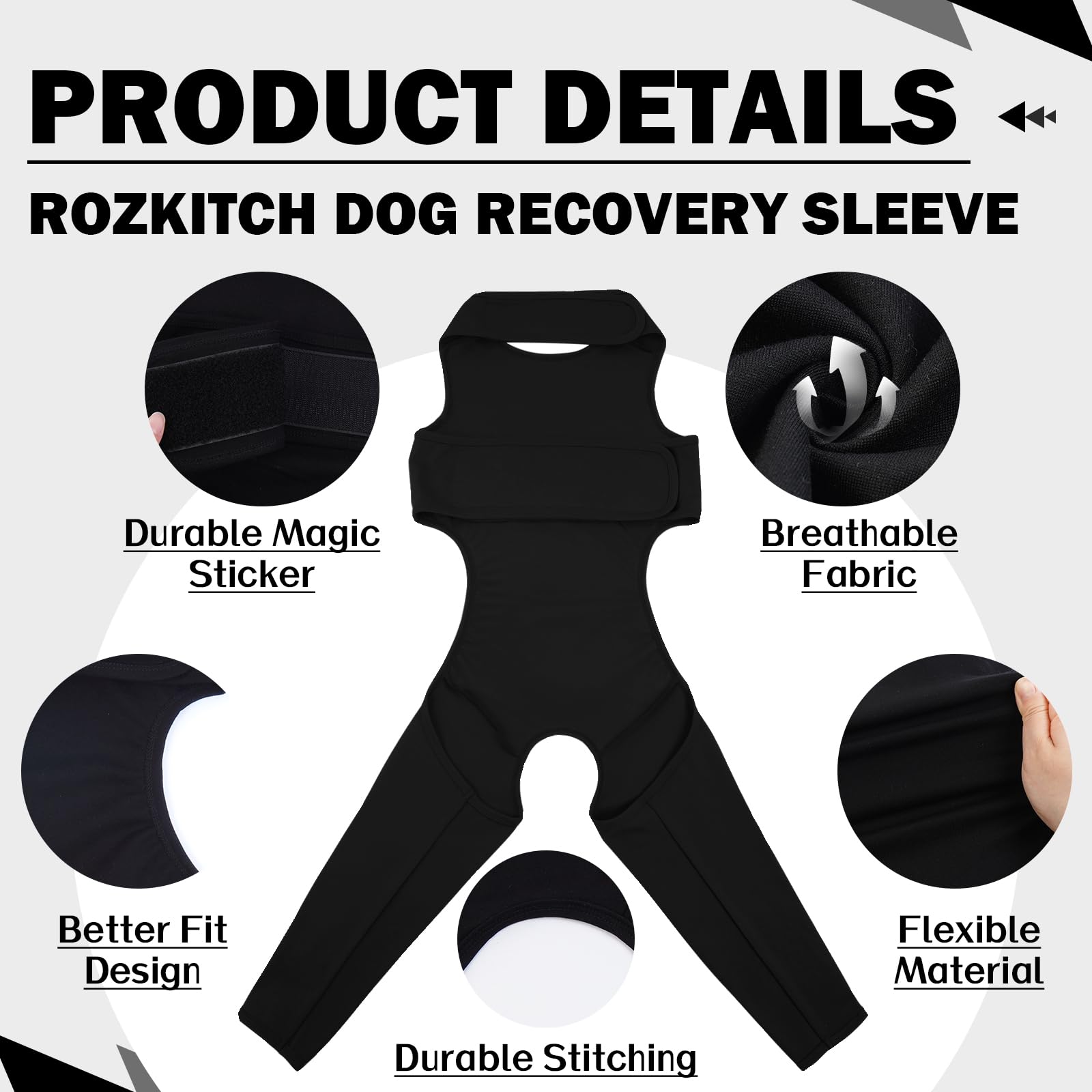 ROZKITCH Dog Surgery Recovery Sleeve Rear Right Left Leg, Pet Prevent Licking Wound Elbow Brace Protector, Dog Recovery Suit Cone Collar Alternative for Sprain ACL CCL Arthritis Joint Care Black XL