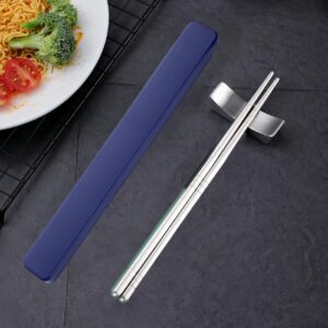 Metal Chopsticks 2 Pair Reusable Chopsticks Stainless Steel Chopsticks with Pull Design Case Portable Utensil for School Home Office Camp Travel Bento Box (Black, Dark Blue)