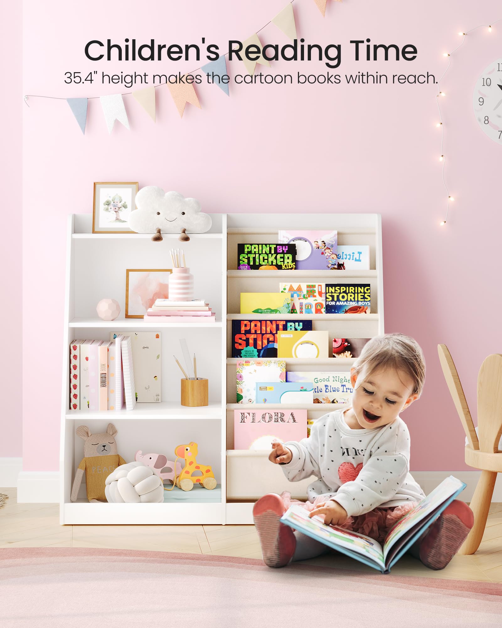 CHOEZON 4-Tier Kids Bookshelf and Toy Storage, 6 Layer Fabric Toddler Bookshelf, Kids Toy Storage Organizer, Sling Kids Bookcase, for Playroom, Bedroom, Nursery, Classroom, White MCW05WT